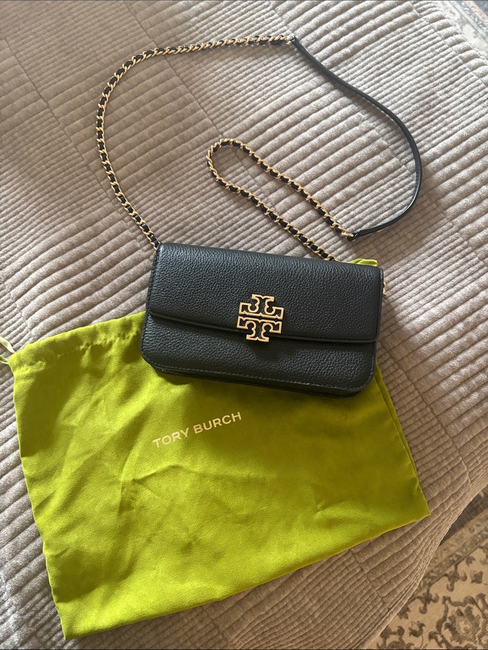 Tory Burch Black Pebbled Leather Crossbody with Gold Logo Chain